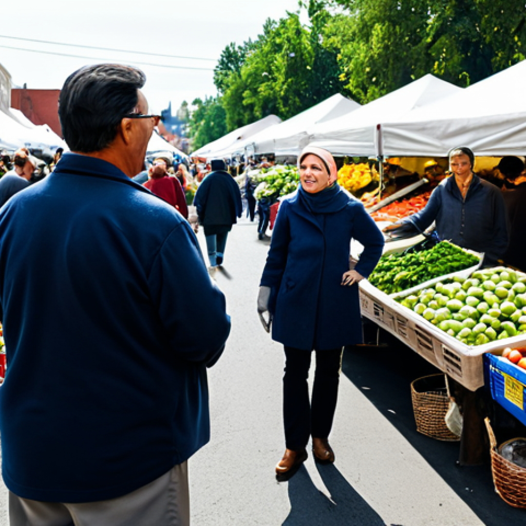 **

A family-friendly scene of a woman in modest, professional attire at a farmers market, buying locally sourced produce. Background shows a bustling market scene with various vendors and shoppers. Safe for work, appropriate content, fully clothed, perfect anatomy, natural proportions, high quality.

**