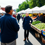 **

A family-friendly scene of a woman in modest, professional attire at a farmers market, buying locally sourced produce. Background shows a bustling market scene with various vendors and shoppers. Safe for work, appropriate content, fully clothed, perfect anatomy, natural proportions, high quality.

**