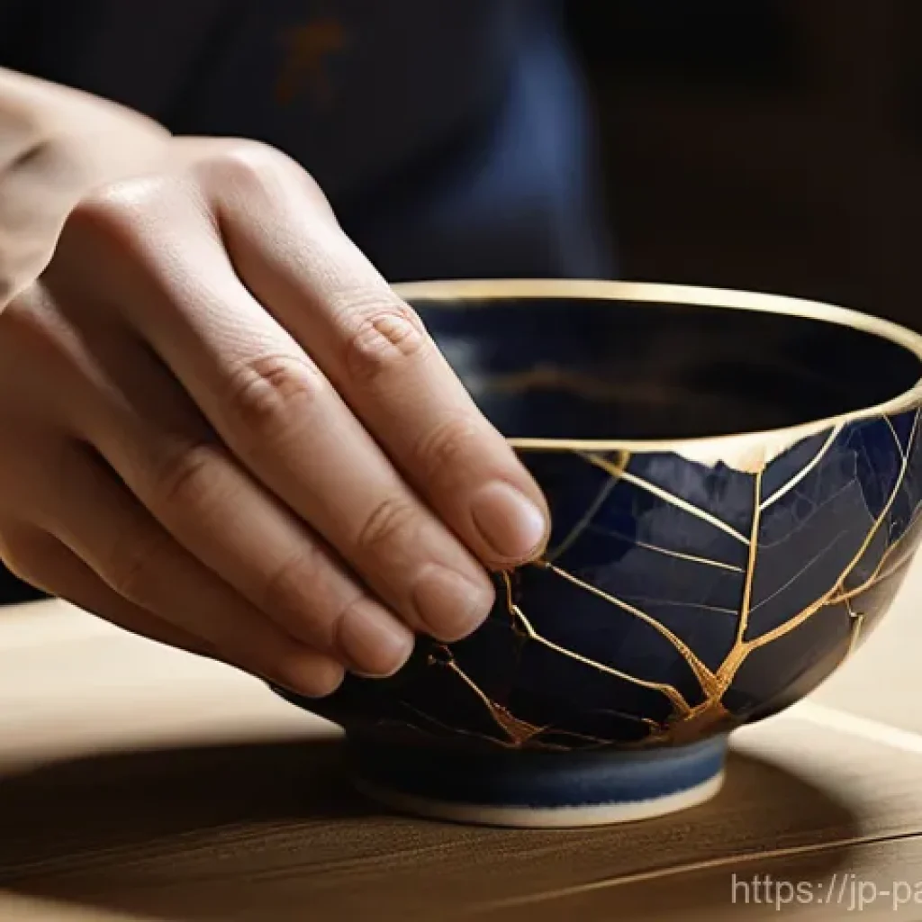 자원순환 경제와 도시의 지속 가능성 - **A serene Japanese craftsperson meticulously performing Kintsugi (golden joinery) on a delicately c...