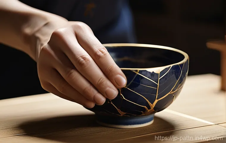자원순환 경제와 도시의 지속 가능성 - **A serene Japanese craftsperson meticulously performing Kintsugi (golden joinery) on a delicately c...