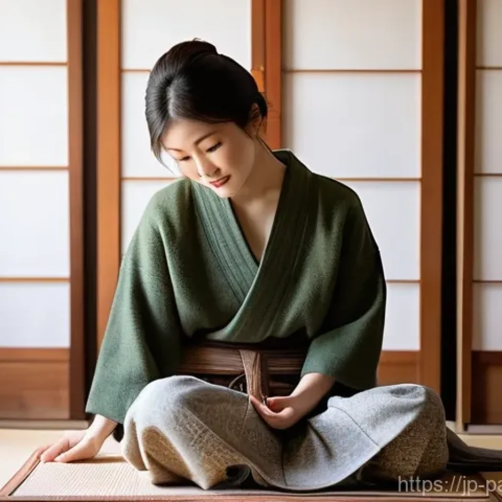 미래 자원순환 경제 모델의 요소 - A warm, inviting Japanese room bathed in soft, natural sunlight. A young woman in her late 20s, dres...