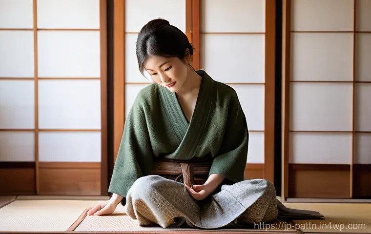 미래 자원순환 경제 모델의 요소 - A warm, inviting Japanese room bathed in soft, natural sunlight. A young woman in her late 20s, dres...