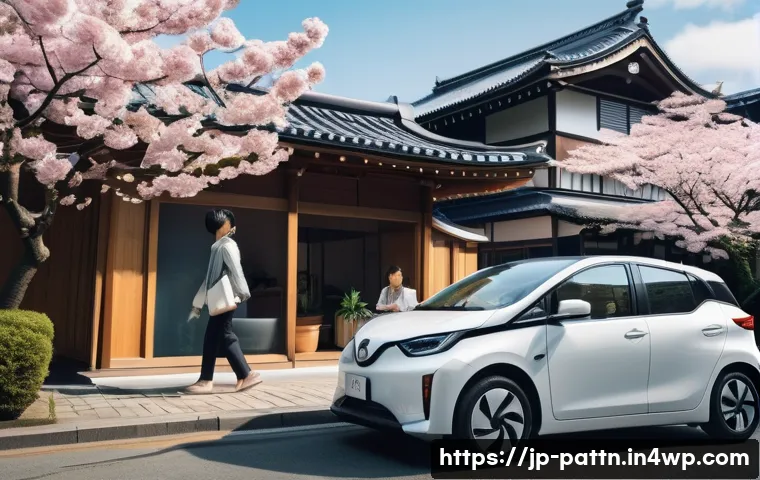 자원순환 경제에서의 소비 문화 변화 - A modern urban scene depicting diverse people happily using shared economy services: a young Japanes...