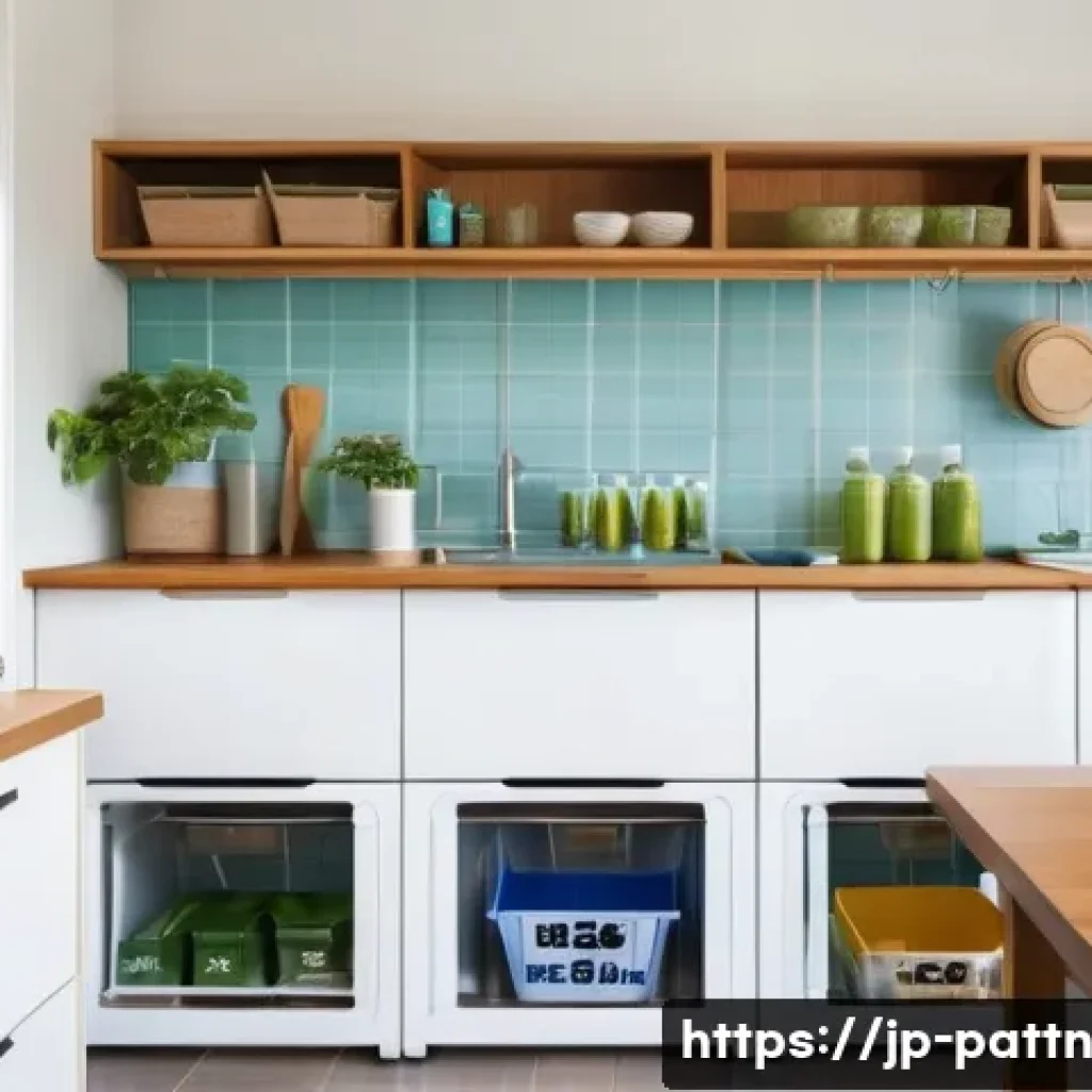 자원순환 경제와 재활용 산업의 발전 - A modern Japanese household kitchen scene focused on eco-friendly daily life, featuring neatly sorte...