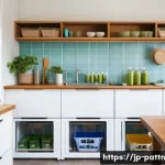 자원순환 경제와 재활용 산업의 발전 - A modern Japanese household kitchen scene focused on eco-friendly daily life, featuring neatly sorte...