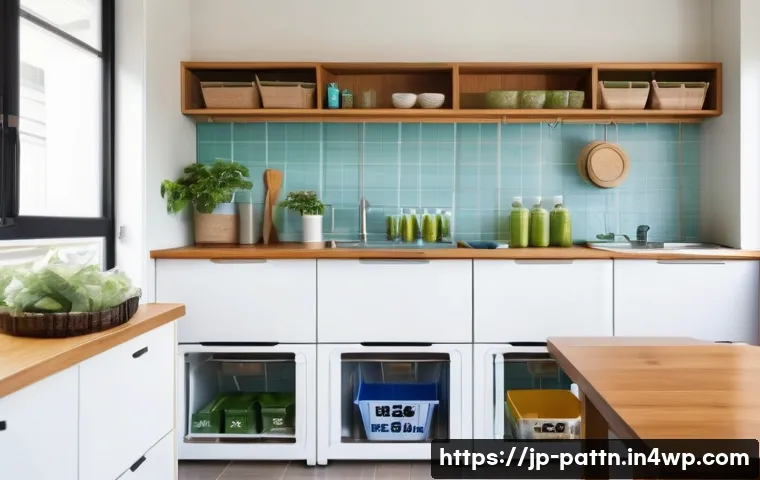 자원순환 경제와 재활용 산업의 발전 - A modern Japanese household kitchen scene focused on eco-friendly daily life, featuring neatly sorte...
