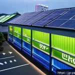 자원순환 경제에서의 정책적 접근 - A modern Japanese urban smart city scene at dusk, featuring clean streets with visible recycling bin...